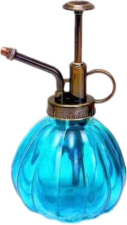 Glass Plant Spray Mister, Watering Spray Bottle, 6.4" Tall Vintage Fine Mist Spritzer Watering Can with Bronze Plastic Top Pump, Small Decorative Watering Can for Succulent House Plant (Blue)