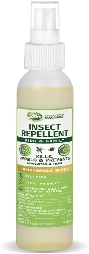 Mosquito Magician Plant Based Bug Spray for Families – Kid and Pet Safe Spray with Natural Essential Oils. Kills & Repels Mosquitos, Fleas and Ticks. Travel Size for Kids & Family – Lemongrass, 4 OZ
