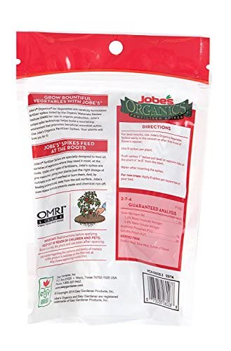 Jobe’s Organics Vegetable & Tomato Fertilizer Spikes, 2-7-4 Time Release Fertilizer for All Vegetables, Herbs and Tomato Plants, 50 Spikes per Package (4, 1 Pack)