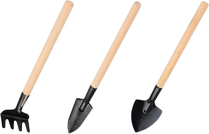 3Pcs Mini Gardening Tool Set with Wooden Handles Includes Small Hand Rake and Spade Ideal for Bonsai and Potted Plants Care