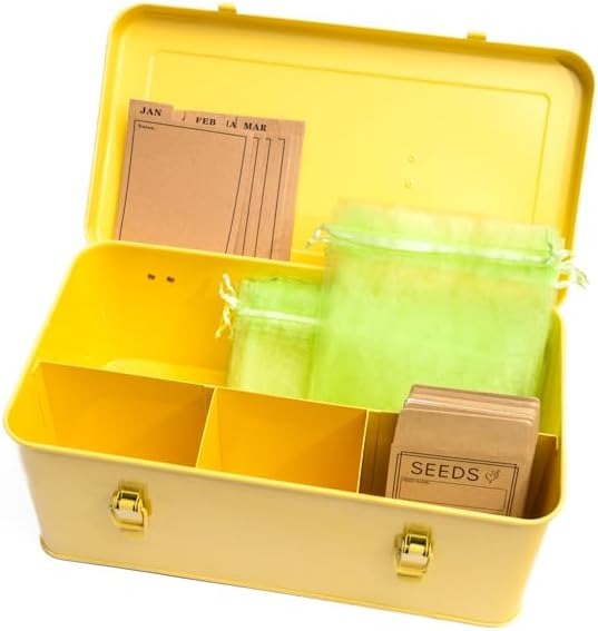 Seed Storage Organizer –Waterproof Metal Seed Box with Storage Bags, Dividers, 4 Compartments with Lid and Safety Locks, Portable Side Handles, Perfect for Garden Seeds, Labels & Tools – Yellow