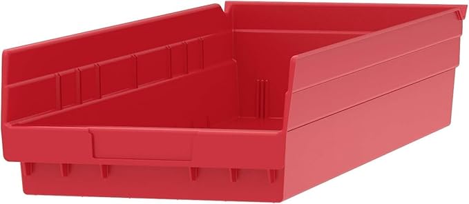 Akro-Mils 30184 Plastic Shelf Bins, Heavy Duty Storage Bins for Garage, Closet, and Drawer Organization, 24" x 8" x 4", Red, 6-Pack
