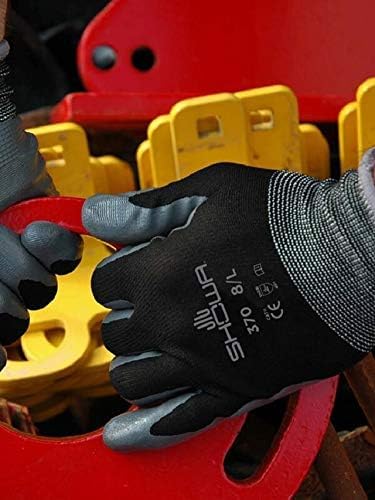 SHOWA Atlas 370B Professional Nitrile Work Gloves, Breathable High-Dexterity Precision Grip for Landscaping, Gardening & Assembly, General Purpose Gloves, Black, Medium, 1-Pair
