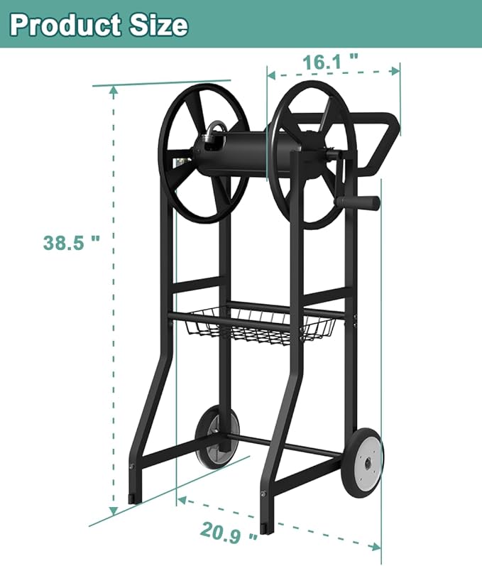 Garden Hose Reel Cart with Wheels, Outdoor Heavy Duty Powder Coated Steel Water Winder Storage Holds 125 ft 5/8" Hoses with 3.9ft Leader Hose and Basket for Backyard, Yard, Lawn, Black