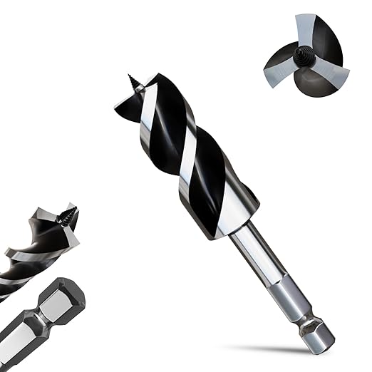 1-1/4"×6" Professional Auger Drill Bit for Wood with Quick Change 1/2" Hex Shank- 3-Cutter Design with Dual-Flute for Fast Chip Removal, Fits Hardwood, Softwood, PVC, Drywall & Tree Stumps
