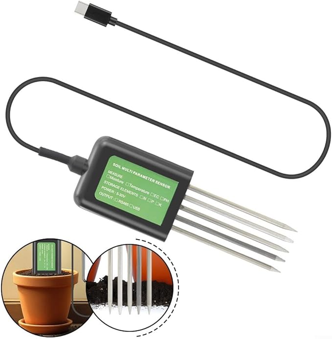 USB Soil Sensor 7-in-1 Tester For Moisture, Soil Analysis Tool, Temperature, PH & NPK Nutrients - IP68 Digital Meter For Agriculture, Gardening & Research Farming, Floriculture