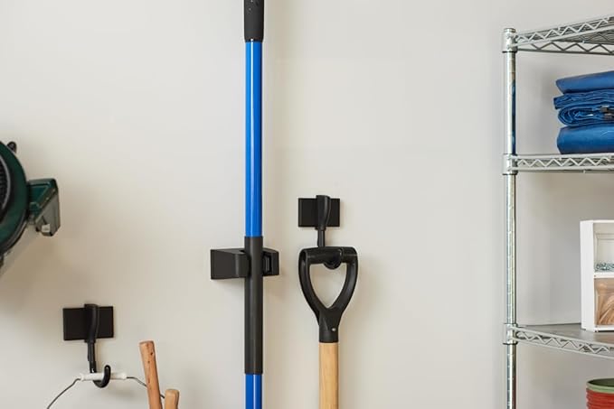 Duck EasyMounts Mop and Broom Holder - Heavy Duty Wall Mount Rack for Home Organization and Storage - No Tool Install - Holds Up to 15 lbs - Black, Pack of 1 Hook & All Hanging Hardware