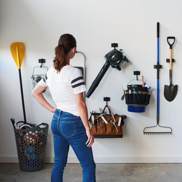 Duck Brand EasyMounts Garage Hooks Heavy Duty Hanging - 2 Hooks & 2 Tool Holders - Storage for Garden Tools, Cords & Equipment - Wall Mount Hanger Hooks - Up to 50 lbs, Black