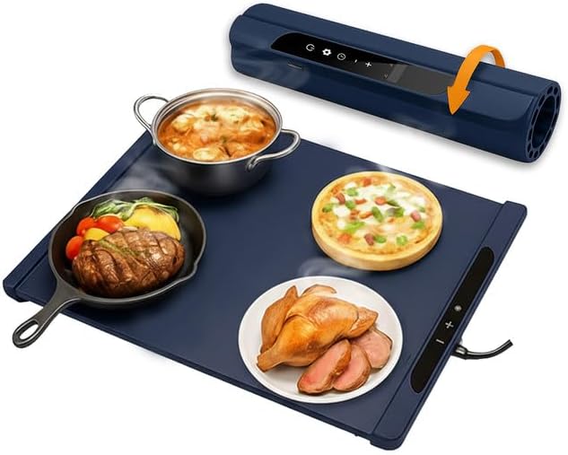 17"x15" Dark Blue Electric Food Warming Silicone Mat - 10 sec Fast & Even Heating Tray - Upto 10 Hrs Timer, 50-100°C Adjustable Temp, Child Lock & Safety Edge - Portable Kitchen Countertop Warmer Pad
