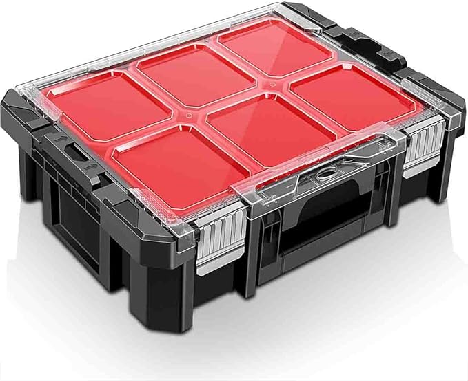 Anyyion Tool Box Organizer, 6 Movable Small Trays,Transparent Cover Plate,Small Component Toolbox, Detachable,Stackable,