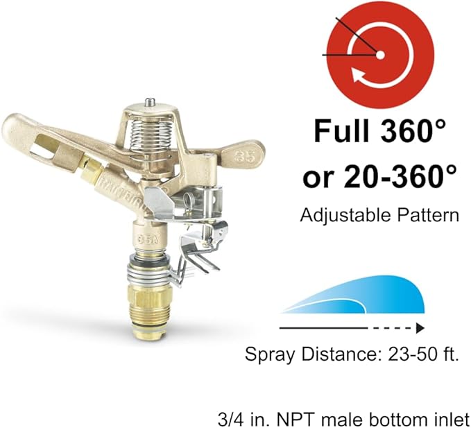 Rain Bird 35ADJTNTB Brass Impact Sprinkler, Adjustable 0° - 360° Pattern, 23' - 50' Spray Distance, Grey
