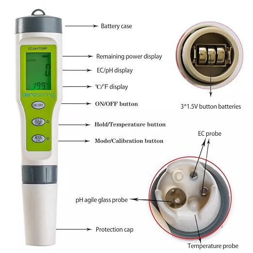 3-in-1 Waterproof Multifunction Digital Meter, Measures Electrical Conductivity (EC), pH and Temperature Functions Specially Designed for Hydroponic Systems