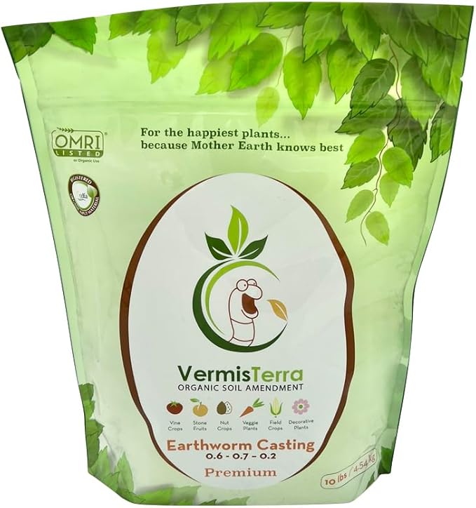 VermisTerra - Premium Earthworm Castings - Organic 10 LB, Very fine, Low Moisture Content, Easy to Spread. Seed Starting, propgation, Improve Soil Structure, Natural Plant Hormones for Fertility