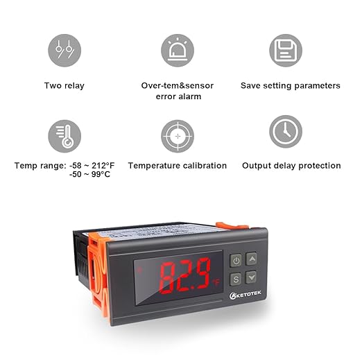 KETOTEK Digital Temperature Controller AC110V 10A Fahrenheit Thermostat with 2m Waterproof Sensor 2 Relays Heating Cooling Incubator