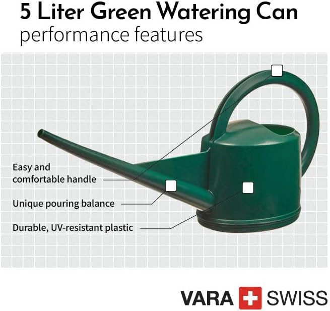 Consolidated Plastics Durable Swiss Watering Can with UV Protection, Ergonomic Handle for Indoor/Outdoor Gardening, Made in Switzerland (5 Liter, Green)