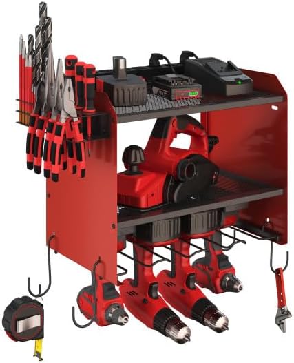 Power Tool Organizer Wall Mount with Charging Station - 4 Drill Holder with 8 Outlet Power Strip - Garage Organizer Tool Storage Rack by Stalwart