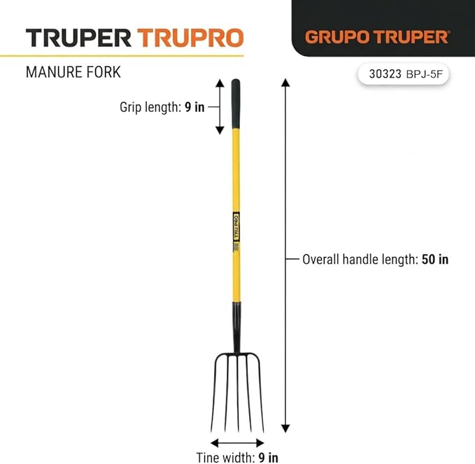 Truper TruPro Garden Manure Fork, 5 Tines, 50-Inch Fiberglass Handle with 9-Inch Grip, 9-Inch Tine Width - Pitchfork for Compost - Broadfork for Gardening (Model 30323)