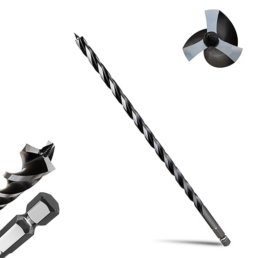 1/2"×16" Professional Auger Drill Bit for Wood with Quick Change 1/2" Hex Shank- 3-Cutter Design with Dual-Flute for Fast Chip Removal, Fits Hardwood, Softwood, PVC, Drywall & Tree Stumps