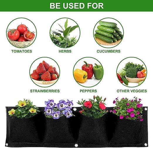 AYNEFY 4Pcs 4 Pocket Hanging Planter Bags, Wall Mounted Reusable Degradable Felt Garden Planter Plant Grow Bag Outdoor Indoor Gardening Vertical Greening Flower Container, Planting Bags (Black)