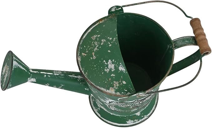 Vintage Metal Watering Can with Wooden Handle, Watering Can for Indoor/Outdoor Plants, Shabby Chic Decor for Home Balcony Courtyard Garden Green