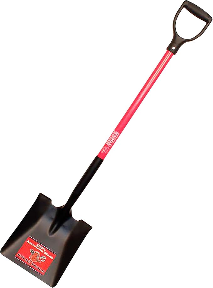 Bully Tools Square Point Shovel – Heavy Duty 14-Gauge Steel Metal Tool with D-Grip Fiberglass Handle for Landscaping, Digging, Soil Moving, Cleanup Job & Yard Projects - 100% Made in The USA, 46-Inch