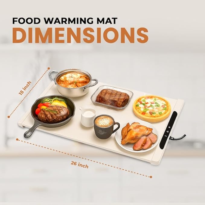 26"x15" Beige Electric Food Warming Silicone Mat - 10 sec Fast & Even Heating Tray with upto 10 Hrs Timer, 50-100°C Adjustable Temp, Child Lock & Safety Edge - Portable Warmer Pad for Kitchen & Buffet