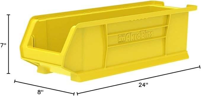Akro-Mils 30284 Super-Size AkroBins Plastic Storage Bins, Space-Saving Stackable Bins for Garage, Classroom, Warehouse Organization, 24" L x 8" W x 7" H, Yellow, 4-Pack