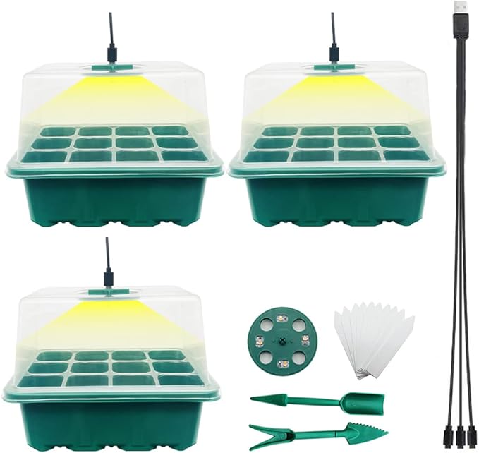 Seed Starter Tray Seedling Kits with Grow Light, 3-Pack Plant Germination Set with Adjustable Humidity Dome and Base Greenhouse Grow Trays for Seeds Growing Starting (12 Cells per Tray)