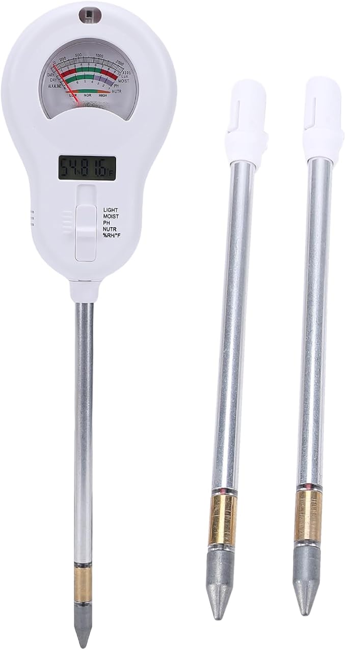 6 in 1 Soil Tester Soil Meter Soil Water Detector for pH Sunlight Fertility Temperature Humidity with 3 Replaceable Probes for Garden Farm Home Plant Care
