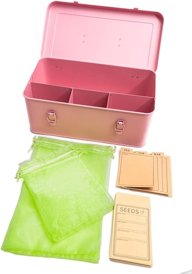 Seed Storage Organizer –Waterproof Metal Seed Box with Storage Bags, Dividers, 4 Compartments with Lid and Safety Locks , Portable Side Handles, Perfect for Garden Seeds, Lables & Tools -Matte Pink