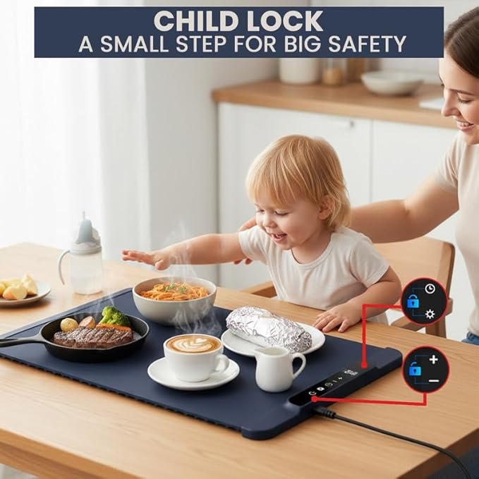 17"x15" Dark Blue Electric Food Warming Silicone Mat - 10 sec Fast & Even Heating Tray - Upto 10 Hrs Timer, 50-100°C Adjustable Temp, Child Lock & Safety Edge - Portable Kitchen Countertop Warmer Pad