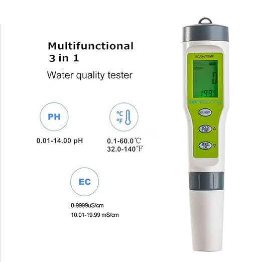 3-in-1 Waterproof Multifunction Digital Meter, Measures Electrical Conductivity (EC), pH and Temperature Functions Specially Designed for Hydroponic Systems