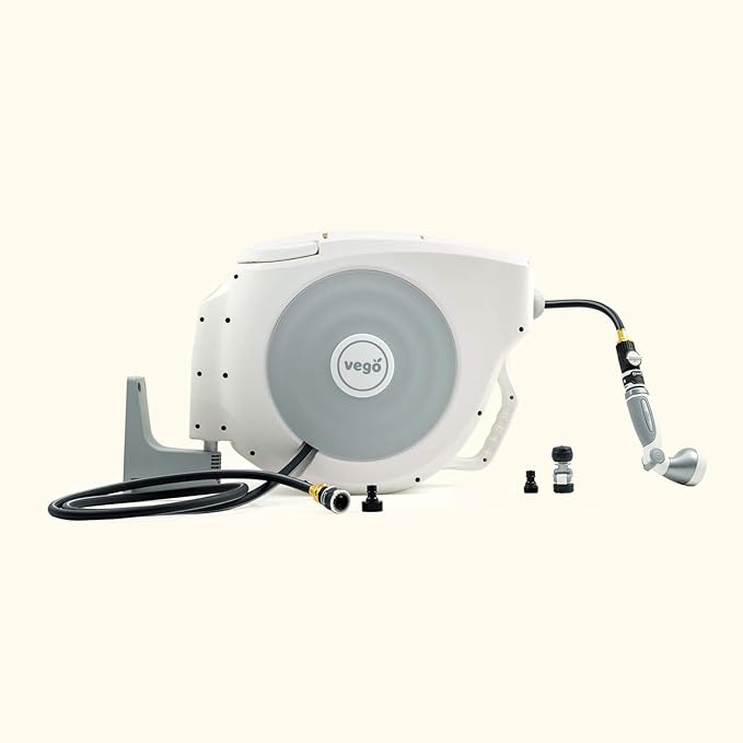 Garden Hose Reel Retractable 1/2" x 130ft Wall Mounted Hose Reel Automatic Rewind, Any Length Lock with 9 Patterns Sprayer Nozzle, Quick Connector and Adjustable shot Nozzle- Cloud White