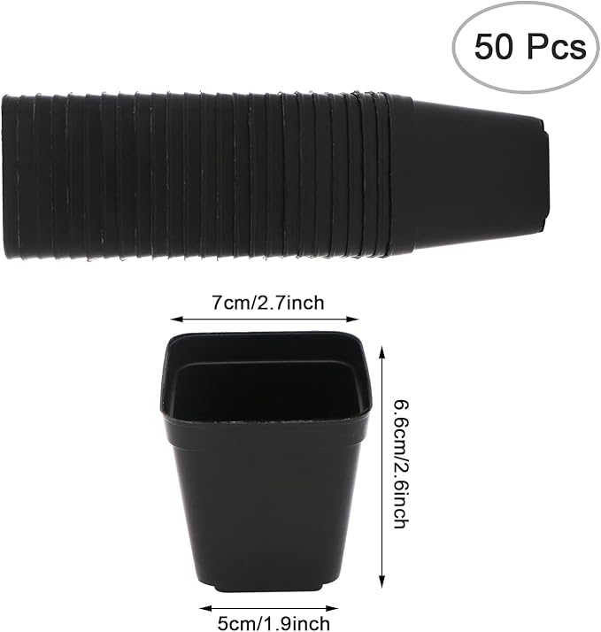 2.7 Inch Square Nursery Pots,50 Pack Sturdy & Reusable Plastic Plant Containers Starter Pot with Drainage Holes for Seedlings,Succulents & Garden Plants,Black