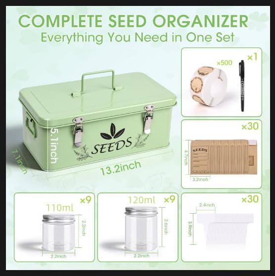 Seed Storage Organizer, Metal Garden Seed Storage Box Kit with 18 Wide-Mouth Vials, 30 Plant Tags, 30 Envelopes, 500 Labels and 1 Marker, for Garden Flower Plants