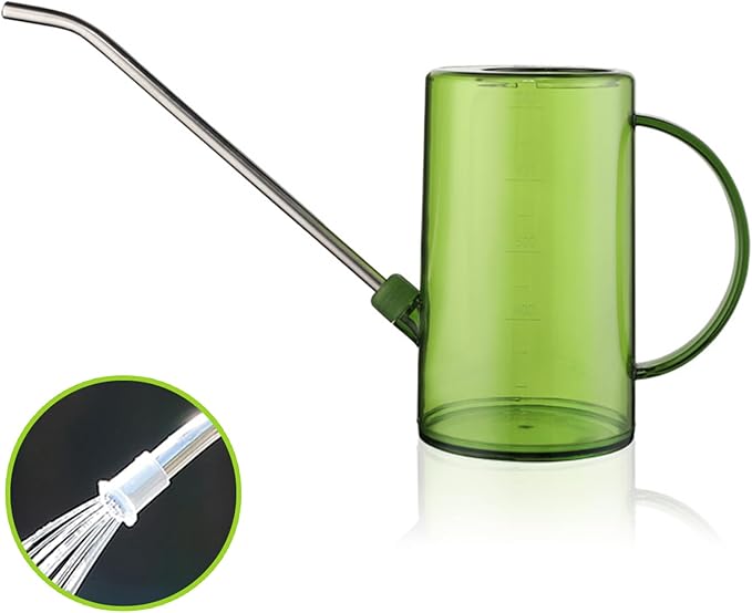 Plastic Watering Can, Plant Watering Can with Stainless Steel Long Spout, 1L/34oz Clear Measurement Markings Long Spout Watering Can for Indoor Plants, House Plants and Flowers Easy Fill-Green