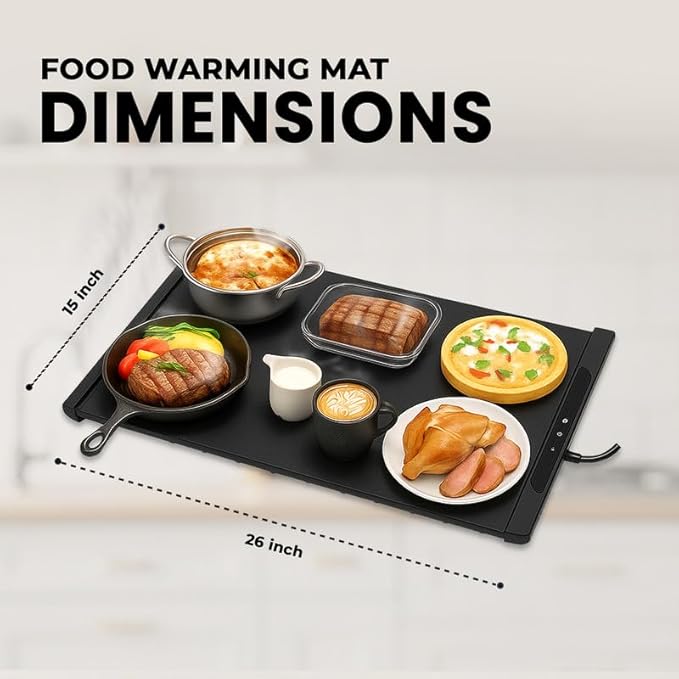 26"x15" Black Electric Food Warming Silicone Mat - 10 sec Fast & Even Heating Tray with upto 10 Hrs Timer, 50-100°C Adjustable Temp, Child Lock & Safety Edge - Portable Warmer Pad for Kitchen & Buffet