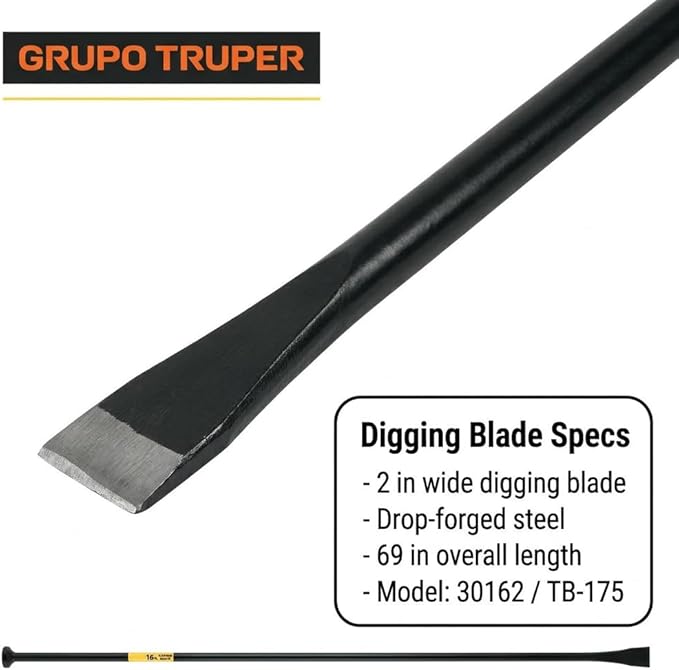 Truper Post Hole Digger & Tamping Bar, 69-Inch, 16-Pound Heavy-Duty Drop-Forged Steel Digging/Demolition Bar, Heat-Treated, Rust-Resistant Black Finish (Model 30162)