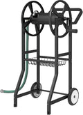 Garden Hose Reel Cart with Wheels, Outdoor Heavy Duty Powder Coated Steel Water Winder Storage Holds 125 ft 5/8" Hoses with 3.9ft Leader Hose and Basket for Backyard, Yard, Lawn, Black