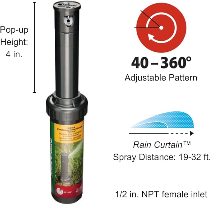 Rain Bird 32SA/4PKS Simple Adjust 32SA Gear Drive Rotor, Adjustable 40° - 360° Pattern, 19' - 32' Spray Distance, 4-Pack