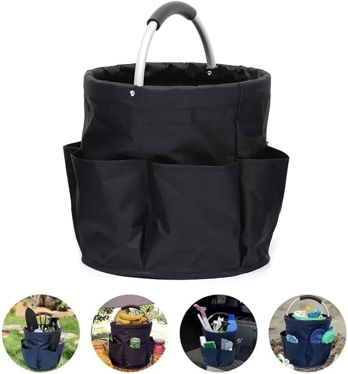 Gardening Tote Bag,Foldable Garden Tool Storage Bag Tool Organizer with 6 Exterior Pockets Wear-resistant & Reusable for Camping Picnicing Gardening Yard Lawn Work (Black)