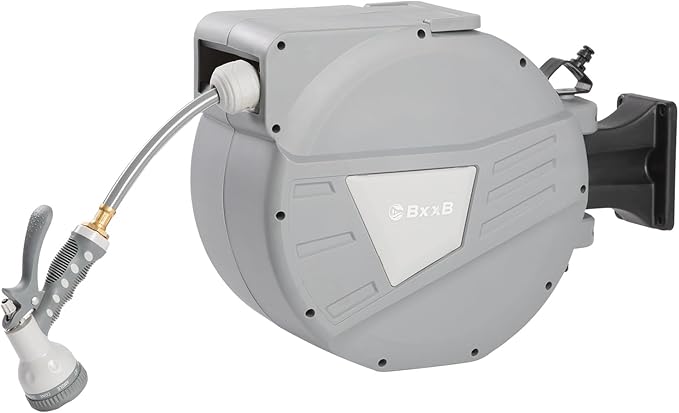 Retractable Garden Hose Reel,1/2 in x 100ft Wall Mounted Hose Reel, Optional Position Lock，Slow-Retract System，Wall Mounted，180°Swivel Bracket，Light Grey