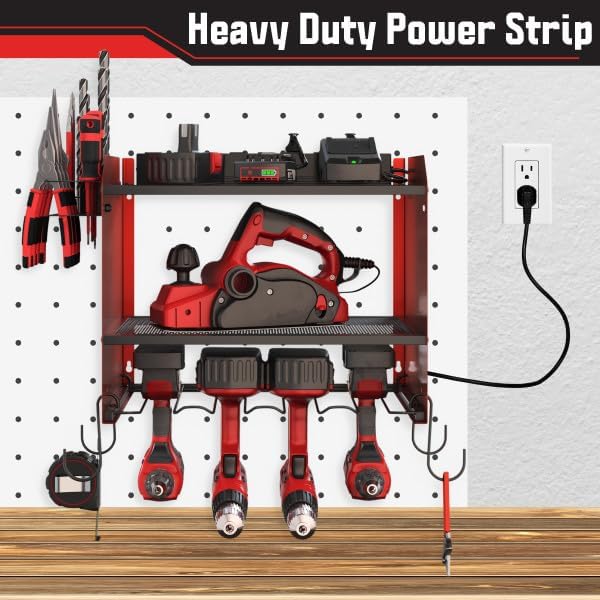 Power Tool Organizer Wall Mount with Charging Station - 4 Drill Holder with 8 Outlet Power Strip - Garage Organizer Tool Storage Rack by Stalwart