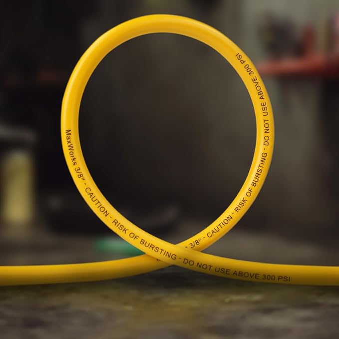MaxWorks 80788 Hybrid Polymer Air Hose – 3/8-Inch x 50-Foot, 300 PSI – All-Weather Flexible, Kink-Resistant, Lay-Flat Design with Solid Brass Fittings and Bend Restrictors (High-Visibility Yellow)