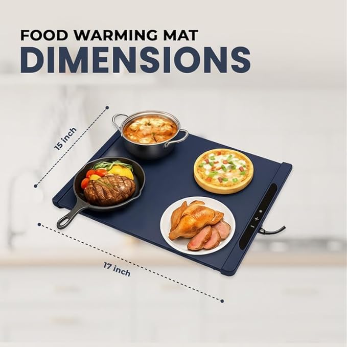 17"x15" Dark Blue Electric Food Warming Silicone Mat - 10 sec Fast & Even Heating Tray - Upto 10 Hrs Timer, 50-100°C Adjustable Temp, Child Lock & Safety Edge - Portable Kitchen Countertop Warmer Pad