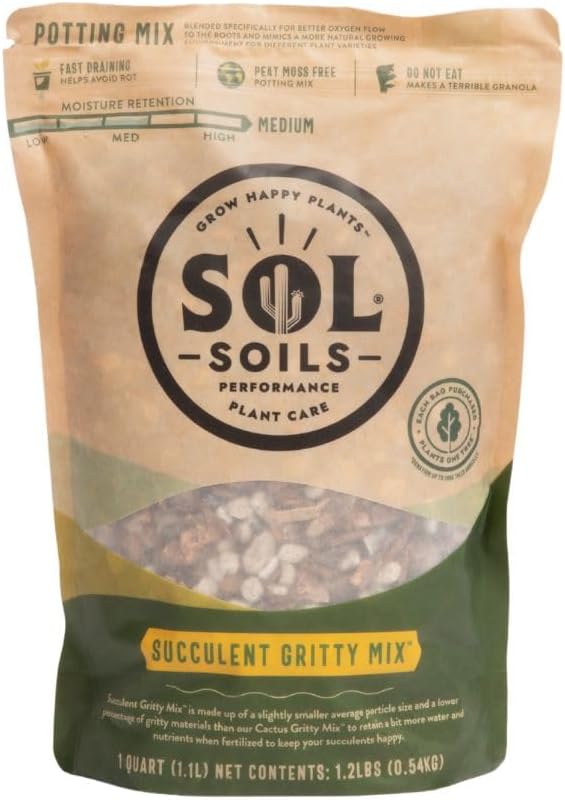 Sol Soils Succulent Gritty Mix - Fast Draining Peat Moss Free Succulent Soil Potting Mix with Coconut Husk Chips, Perlite & Pumice - 1 Quart