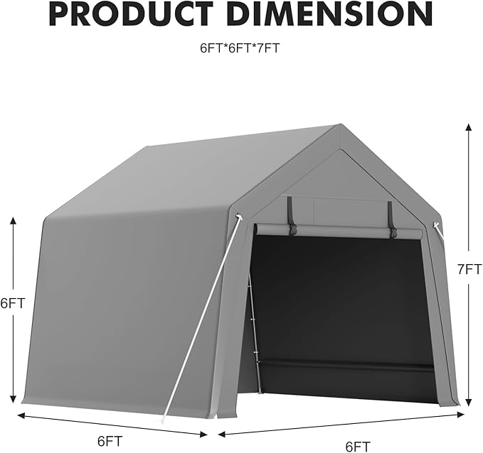 GarveeLife 6 x 6 ft Carport Storage Shed, Portable Garage with Roll-up Zipper Door, Heavy Duty Waterproof Tarp, Storage for Motorcycle, Bike, Firewood, Garden Tools