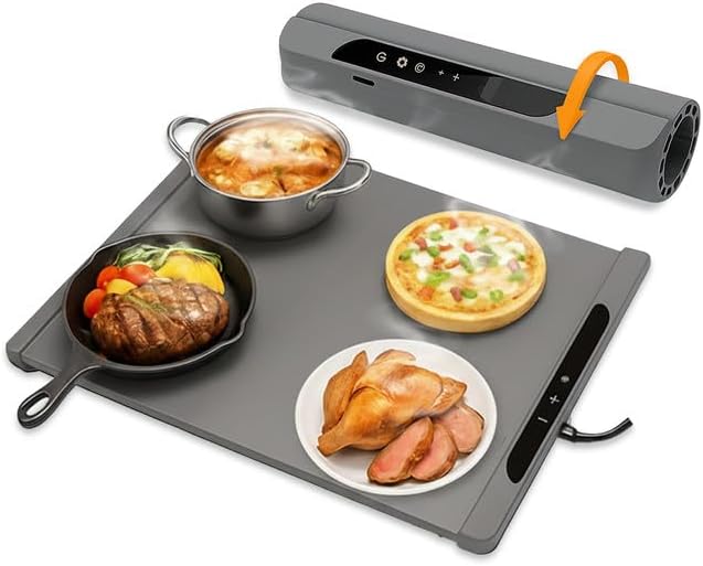 17"x15" Dark Gray Electric Food Warming Silicone Mat - 10 sec Fast & Even Heating Tray - Upto 10 Hrs Timer, 50-100°C Adjustable Temp, Child Lock & Safety Edge - Portable Kitchen Countertop Warmer Pad