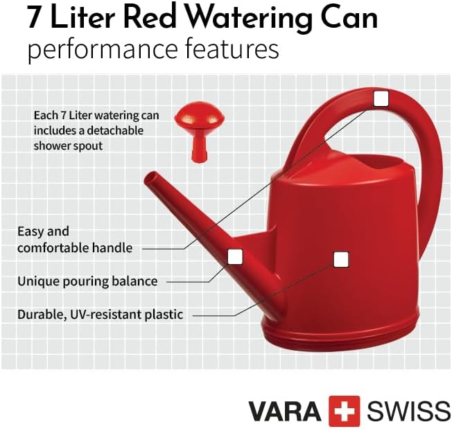 Consolidated Plastics Durable Swiss Watering Can with UV Protection, Ergonomic Handle for Indoor/Outdoor Gardening, Made in Switzerland (7 Liter, Red)