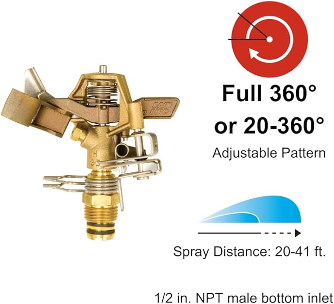 Rain Bird 25PJDAC Brass Impact Sprinkler, Adjustable 20° - 360° Pattern, 20' - 41' Spray Distance